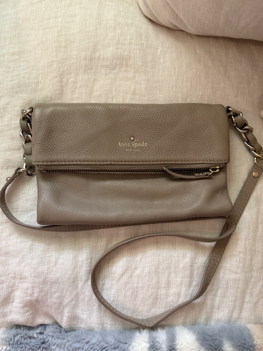 kate spade Taupe Pebbled Leather Fold-Over Crossbody